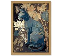 Artery8 Russian Blue Cat with Autumn Plants and Floral Pattern Fur Coat Modern Silkscreen Illustration Artwork Framed Wall Art Print A4