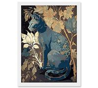Artery8 Russian Blue Cat with Autumn Plants and Floral Pattern Fur Coat Modern Silkscreen Illustration Artwork Framed Wall Art Print A4