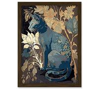 Artery8 Russian Blue Cat with Autumn Plants and Floral Pattern Fur Coat Modern Silkscreen Illustration Artwork Framed Wall Art Print A4