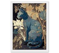 Artery8 Russian Blue Cat with Autumn Plants and Floral Pattern Fur Coat Modern Silkscreen Illustration Artwork Framed Wall Art Print A4