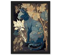 Russian Blue Cat with Autumn Plants and Floral Pattern Fur Coat Modern Silkscreen Illustration Artwork Framed Wall Art Print A4 Artery8 Black One Size