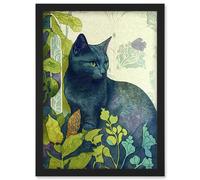 Artery8 Russian Blue Cat with Bright Ornate Plants Modern Art Nouveau Illustration Artwork Framed Wall Art Print A4