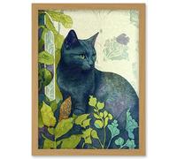 Russian Blue Cat with Bright Ornate Plants Modern Art Nouveau Illustration Artwork Framed Wall Art Print A4 Artery8 Light Oak One Size