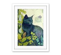 Artery8 Russian Blue Cat with Bright Ornate Plants Modern Art Nouveau Illustration Artwork Framed Wall Art Print 18X24 Inch