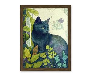 Artery8 Russian Blue Cat with Bright Ornate Plants Modern Art Nouveau Illustration Artwork Framed Wall Art Print 18X24 Inch