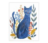 Russian Blue Cat with Ornate Plants Watercolour Wall Art Print Artery8 Blue W24 inch x H32 inch