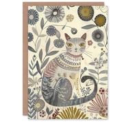Artery8 Greeting Card Rustic Cat Wildflower Field Bright Floral Pattern Blank For All Him Or Her Art Birthday Card