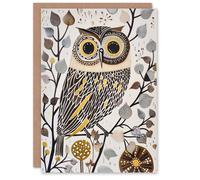 Artery8 Rustic Quirky Owl Bird Autumn Tree Bright Fun Birthday Art Card in Brown Artery8 Brown