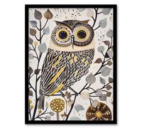 Artery8 Rustic Quirky Owl Bird Autumn Tree Bright Fun Living Room Artwork Framed Wall Art Print A4
