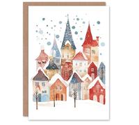 Artery8 Rustic Village Winter Snow Folk Art Blank For Him Or Her Art Xmas Festive Christmas Card