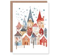 Artery8 Rustic Village Winter Snow Folk Art Blank For Him Or Her Art Xmas Festive Christmas Card