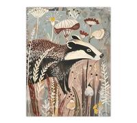 Artery8 Rustic Woodland Badger Artwork Forest Wildflowers Living Room Large Wall Art Poster Print Thick Paper 18X24 Inch