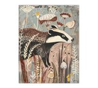 Artery8 Rustic Woodland Badger Artwork Forest Wildflowers Living Room Extra Large XL Wall Art Poster Print