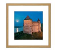 Artery8 Ryshkov Khotyn Fortress Ukraine Full Moon Photo 8X8 Inch Square Wooden Framed Wall Art Print Picture with Mount in Light Oak Artery8 Light Oak