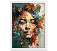 Artery8 Sad Young Woman Face Beauty Portrait Multicoloured Artwork Framed Wall Art Print A4