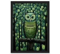 Artery8 Sage Green Owl Illustration Perched in Geometric Forest Night Dusk Artwork Framed A3 Wall Art Print