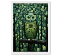 Artery8 Sage Green Owl Illustration Perched in Geometric Forest Night Dusk Artwork Framed A3 Wall Art Print