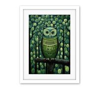 Artery8 Sage Green Owl Illustration Perched in Geometric Forest Night Dusk Artwork Framed Wall Art Print 18X24 Inch