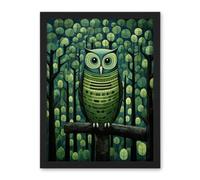 Artery8 Sage Green Owl Illustration Perched in Geometric Forest Night Dusk Artwork Framed Wall Art Print 18X24 Inch