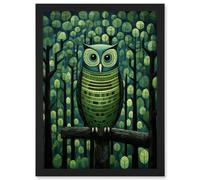 Artery8 Sage Green Owl Perched In Geometric Forest Night Dusk Wall Art Print - A4 Size