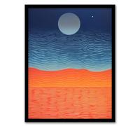 Artery8 Sahara Moonrise Coral Orange On Blue Serene Landscape Art Print Framed Poster Wall Decor in Black | Size: A4 Artery8 Black A4