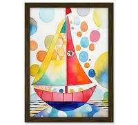 Artery8 Sailboat At Sunset Folk Art Artwork Framed A3 Wall Art Print