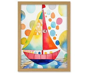 Artery8 Sailboat At Sunset Folk Art Artwork Framed A3 Wall Art Print