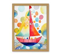 Artery8 Sailboat At Sunset Folk Art Artwork Framed Wall Art Print 18X24 Inch