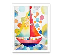 Artery8 Sailboat At Sunset Folk Art Artwork Framed Wall Art Print 18X24 Inch