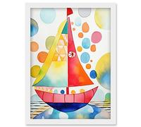Artery8 Sailboat At Sunset Folk Art Artwork Framed Wall Art Print A4