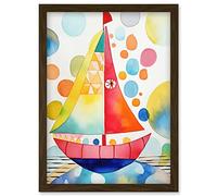 Artery8 Sailboat At Sunset Folk Art Artwork Framed Wall Art Print A4