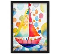 Artery8 Sailboat At Sunset Folk Art Artwork Framed Wall Art Print A4