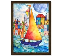 Artery8 Sailboat By Harbour Folk Art Artwork Framed A3 Wall Art Print