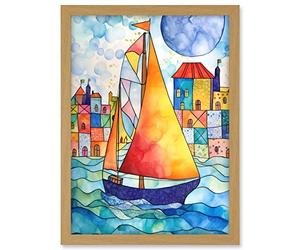 Artery8 Sailboat By Harbour Folk Art Artwork Framed A3 Wall Art Print