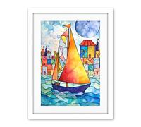 Artery8 Sailboat By Harbour Folk Art Artwork Framed Wall Art Print 18X24 Inch