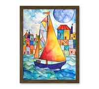 Artery8 Sailboat By Harbour Folk Art Artwork Framed Wall Art Print 18X24 Inch