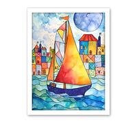 Artery8 Sailboat By Harbour Folk Art Artwork Framed Wall Art Print 18X24 Inch