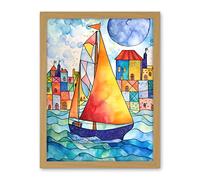 Artery8 Sailboat By Harbour Folk Art Artwork Framed Wall Art Print 18X24 Inch