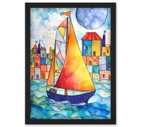 Artery8 Sailboat By Harbour Folk Art Artwork Framed Wall Art Print A4