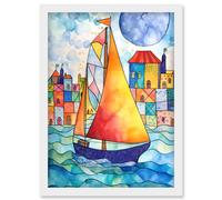 Artery8 Sailboat By Harbour Folk Art Artwork Framed Wall Art Print A4