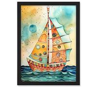 Artery8 Sailboat Concept With Dorsal Fin Sail Folk Art Artwork Framed A3 Wall Art Print