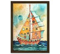 Artery8 Sailboat Concept With Dorsal Fin Sail Folk Art Artwork Framed A3 Wall Art Print