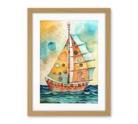 Artery8 Sailboat Concept With Dorsal Fin Sail Folk Art Artwork Framed Wall Art Print 18X24 Inch