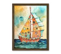 Artery8 Sailboat Concept With Dorsal Fin Sail Folk Art Artwork Framed Wall Art Print 18X24 Inch
