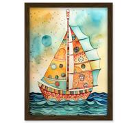 Artery8 Sailboat Concept With Dorsal Fin Sail Folk Art Artwork Framed Wall Art Print A4 in Brown Artery8 Brown