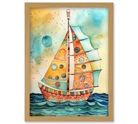 Artery8 Sailboat Concept With Dorsal Fin Sail Folk Art Artwork Framed Wall Art Print A4 in Light Oak Artery8 Light Oak