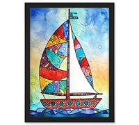 Artery8 Sailboat With Flower Pattern Folk Art Artwork Framed A3 Wall Art Print