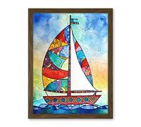 Artery8 Sailboat With Flower Pattern Folk Art Artwork Framed Wall Art Print 18X24 Inch