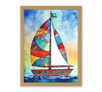 Artery8 Sailboat With Flower Pattern Folk Art Artwork Framed Wall Art Print 18X24 Inch