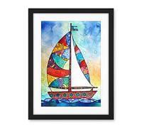 Artery8 Sailboat With Flower Pattern Folk Art Artwork Framed Wall Art Print 18X24 Inch